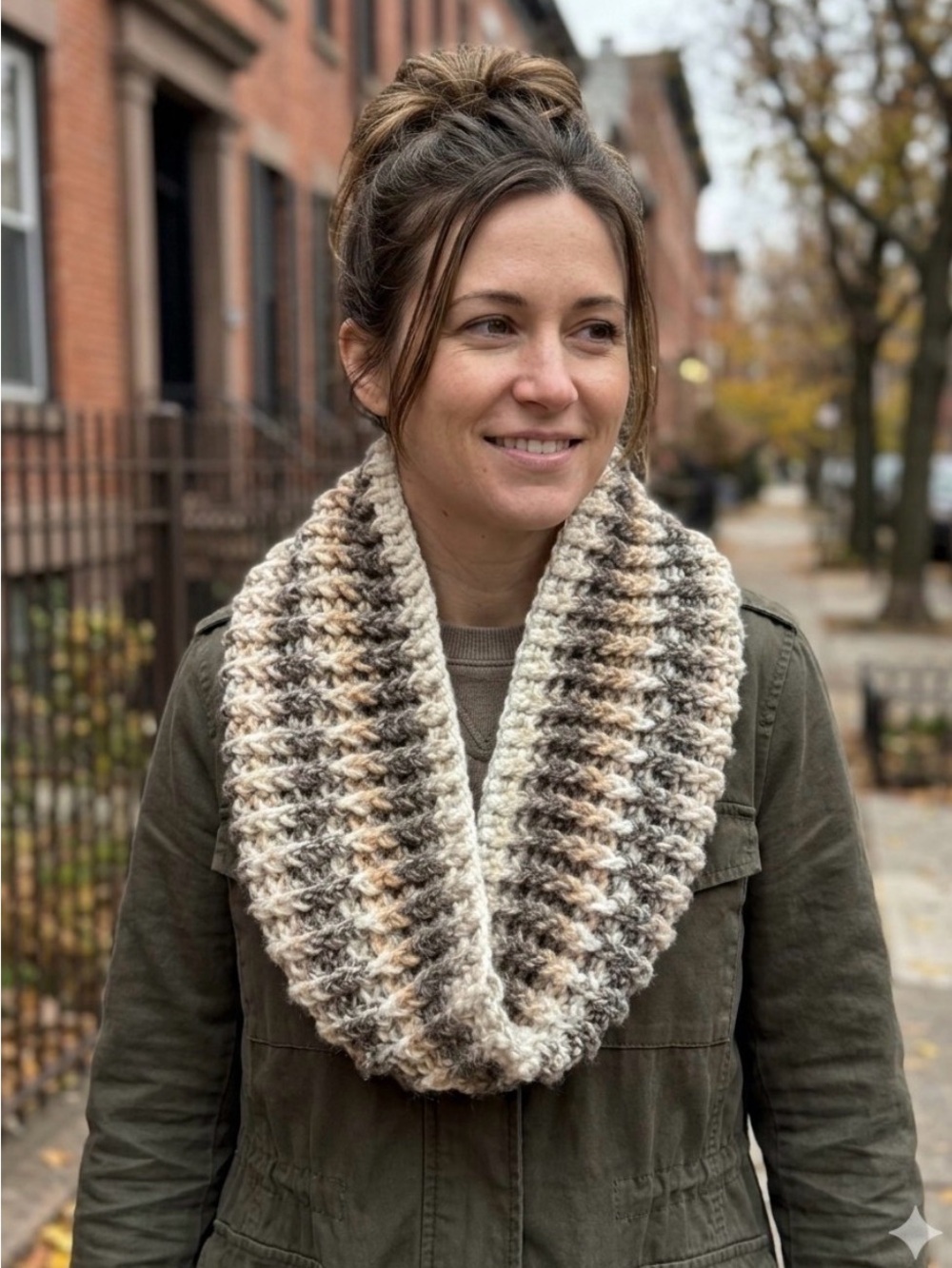 Hand Crafted Neutral Striped Chunky Infinity Scarf - Cream, Beige, Brown, Gray
